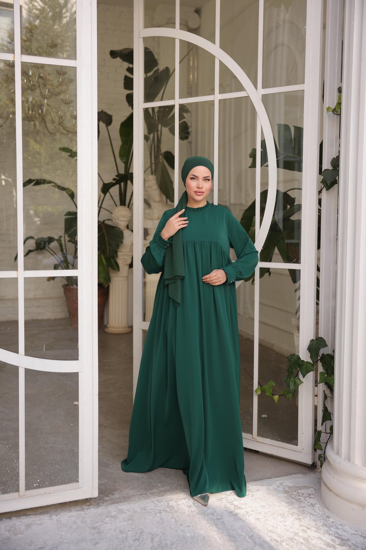 Fırfırlı Robalı Elbise 5062 - Zümrüt Yeşili