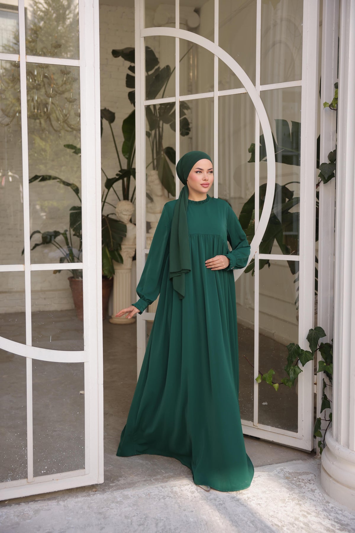 Fırfırlı Robalı Elbise 5062 - Zümrüt Yeşili